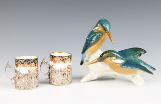Two Royal Crown Derby Japan pattern coffee cups in silver holders and a Continental group of 2 Kingfishers 14cm 