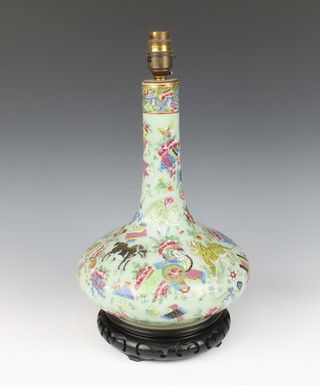 A 19th Century Celadon oviform vase with elongated neck decorated with birds, flowers, insects and mythical beasts 30cm, converted to electricity  