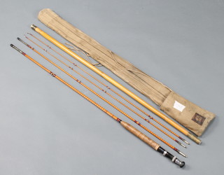 Allcocks, a 10ft split cane fly fishing rod with 2 tips, tube and ferrules stoppers contained in original canvas bag 