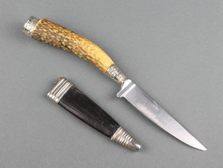 W Weltersbach Solingen, a German hunting knife with 9.5cm blade, stag horn grip, white metal butt and bolster stamped Weidmannsheil (Good Hunting) complete with leather scabbard  