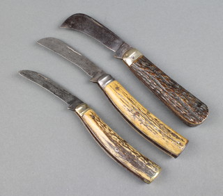 W Raggs Arundel Street Sheffield - a 19th Century folding pruning knife with jigged bone grip, narrow square kick and steel liner, a do. by G Buck of Tottenham Court Road and 1 other marked Sheffield (name illegible) 