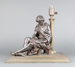 A table lamp in the form of a spelter figure of a classical scholar sitting on a stool beneath a fluted brass bronze column with Corinthian capital, the base marked Agasias, 19cm h x 14cm w x 19cm d 

