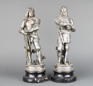 A pair of Continental silvered spelter figures of knights Le Roi Jean, Le Prince Noir, raised on ebonised socle bases 19cm h 