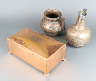 A Chinese style bronze baluster shaped jug 15 cm (heavily dented), 1 other jug with polished steel handle 23cm, a rectangular polished copper table top cigar box by Frank Champion from the copper companies of Zimbabwe December 1968 10cm x 29cm x 16cm together with an engraved metal plaque The Incorporated Thames Nautical Training College HMS Worcester Port of London prize for efficiency in executive duties presented by the Orient Steam Navigation Company Ltd awarded to S F Champion Summer 1934  6.5cm x 9cm 