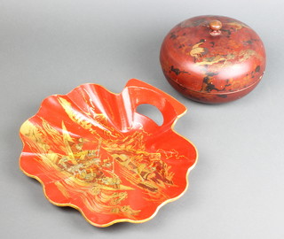 A 19th Century Japanese red lacquered jar and cover decorated storks 9cm h x 19cm diam. together with a do. scallop shaped tray decorated warriors 10cm x 30cm 