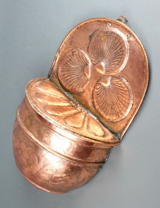 A large Art Nouveau embossed copper wall mounted salt box decorated scallop shells 48cm h x 28cm w x 17cm d

