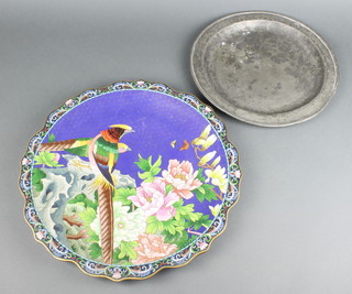 A Japanese cloisonne enamelled charger decorated birds amidst branches 38cm together with a Scottish pewter plate 81cm, the reverse marked R Whyte and with touch marks 