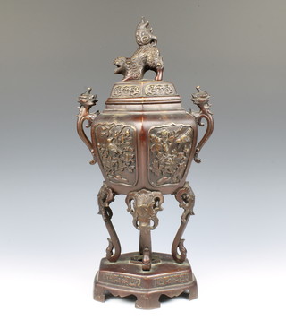 A 19th century Japanese pierced hexagonal bronze twin handled censer and cover with shi-shi finial, the body with panels decorated birds amidst flowering branches and raised on elephant mask supports 45cm h x 27cm w x 15cm d
