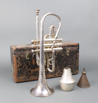 Hawkes & Sons, a silver cornet "The Clippertone"  marked Hawkes & Sons Makers Denman Street, Piccadilly Circus London 53986, complete with mouthpiece, mute and music stand, all contained in original carrying case 