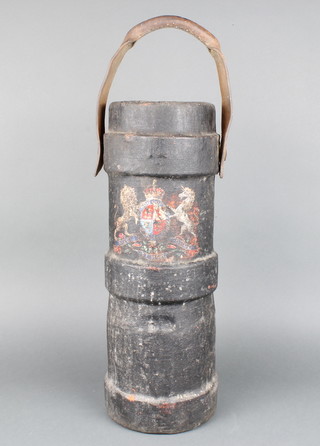 A 19th Century canvas and leather cordite bucket with Royal Arms 51cm h x 16cm diam. 