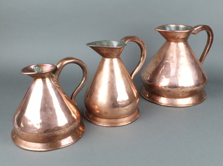 A copper gallon harvest measure with lead mark and makers mark (illegible) 26cm h, a George V half gallon harvest measure with lead mark 24cm and 1 other copper harvest measure 21cm, all polished and with some dents 