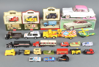 A Voiture model of a standard Sedan - boxed, a Japanese tin plate model of an American helicopter 12cm and a collection of other toy cars 