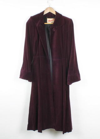 Mono of London, a purple velvet material coat complete with belt