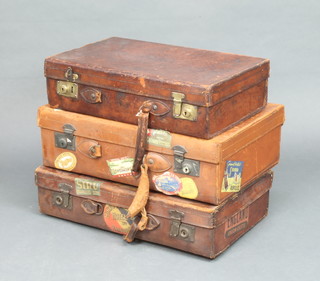 Three brown leather suitcases all with luggage labels 15cm x 60cm x 37cm, 18cm x 61cm x 39m and 15cm x 55cm x 34cm 