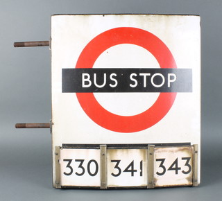 A Burnham double sided enamelled bus stop sign for route numbers 330, 341 & 343 55cm h x 46cm w 