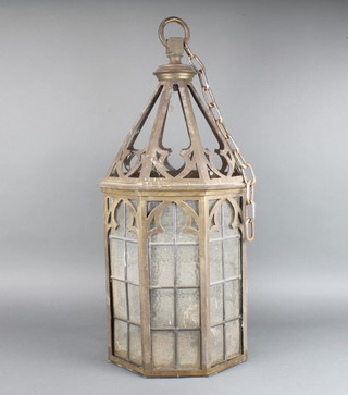 A gilt metal octagonal hall lantern with lead glazed panels 75cm h x 13cm diam. 