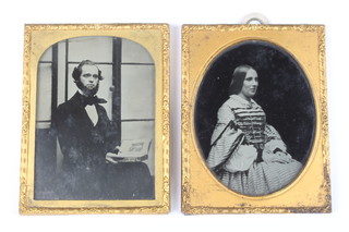 2 early black and white portrait photographs of a seated lady 8cm x 6.5cm oval and a gentleman 9cm x 6cm contained in gilt frames