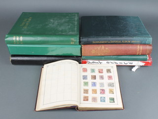 An Imperial album of GB Victorian and later world stamps, a green album of American stamps 1870 - 1966, an Imperial stamp album of world stamps, 4 other albums of mint and used world stamps including Ireland, Finland, France, Denmark, Ecuador, Cuba, Chilli together with a stock book of used GB stamps, telegrams 