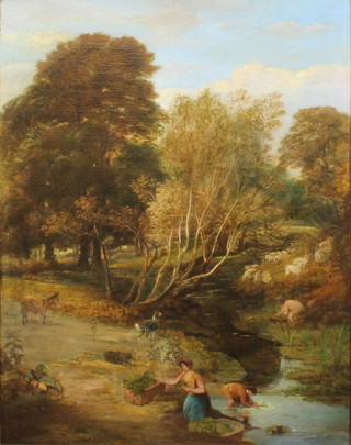H Hawkins, oil on canvas "Gathering Watercress" a Victorian study of workers gathering watercress with sheep, donkey and dog in a woodland setting 89cm x 71cm 