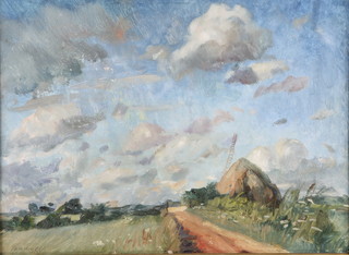 Tom Van Oss 1901-1941, oil on board, signed, Suffolk scene with lane and haystack, 30cm x 40cm 