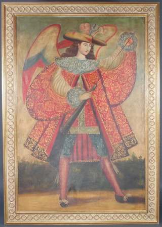 A 17th Century style oil on canvas, portrait of a standing musketeer contained in decorative gilt frame 177cm x 116cm 