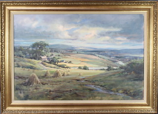 David Hyde, (b.1947)  oil on board signed, an extensive country scene of Ross on Wye with distant hills 59cm x 90cm