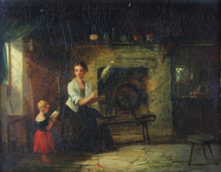 Tom Lawrence, oil on canvas, signed, an interior scene with a lady and child with spinning wheel beside an inglenook fireplace 25cm x 32cm 