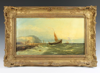 William H Williamson (1820-1883), oil on canvas signed and dated 1841, a study of boats in choppy seas of a cliff coastline 24cm x 44cm  