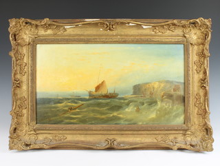 William H Williamson (1820-1883), oil on canvas signed and dated 1881, study of boats in choppy seas of a cliff coastline 24cm x 44cm  