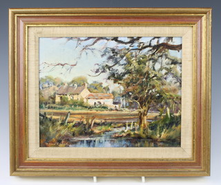 David Hyde b1947 oil on board, a view of the artists house 18cm x 23cm 