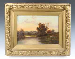 An Edwardian oil on canvas, a rural scene with river and thatched cottage 34cm x 34cm 
