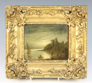 In the manner of T Luny, a 19th Century oil on copper, a moonlit river landscape with figures, boat and distant castle, unsigned 10cm x 12.5cm 