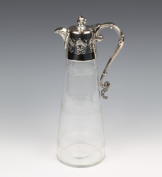 An Edwardian etched glass and silver plated claret ewer 