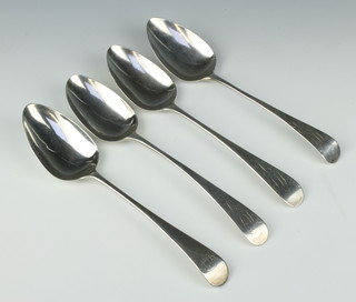 A George III silver Old English pattern table spoon, London 1802 together with 3 other Old English pattern table spoons, all London 1796, 1803 and 1805, 230 grams