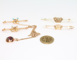 A 15ct seed pearl bar brooch, 3 9ct gold do. and a garnet pendant on chain and a 5 centime piece 