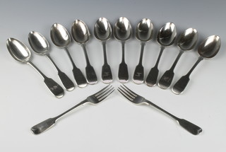 Ten Victorian silver dessert spoons and 2 forks, mixed dates 1845/50/54 608 grams