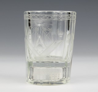 A 19th Century Scots Masonic tumbler etched with Masonic symbols and the base set 3 dice 10.5cm 