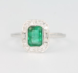 An 18ct white gold emerald and diamond Edwardian style ring size N 