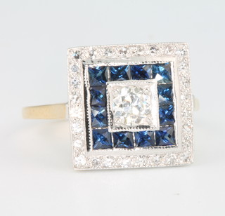 An 18ct yellow gold Art Deco style square diamond and sapphire ring size M 1/2