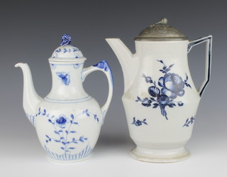 A Continental blue and white porcelain coffee pot with pewter lid 24cm together with a Danish blue and white coffee pot 