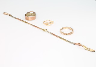 A 9ct 3 colour yellow gold bracelet 3.5 grams, 3 gem set rings sizes F, K and J 1/2 