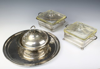 A plated salver, a plated dish and cover and 2 plated serving dishes
