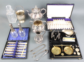 A Victorian 3 piece silver plated tea set, 3 cased sets and minor items