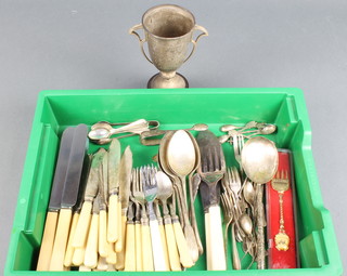 A silver trophy cup 15cm, 6 silver teaspoons and minor cutlery