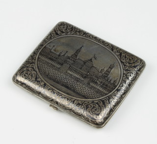 A late 19th Century Russian silver niello cigarette case decorated with a palace view, the reverse with scrolling flowers with vacant cartouche 9.5cm x 8cm, 140 grams  