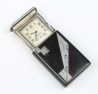 Asprey, a silver enamelled and faux shagreen Longines travelling timepiece with square dial and seconds at 6 o'clock No.5138683 5cm x 3.5cm 