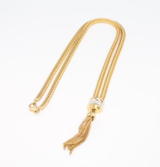 A 9ct yellow gold flat link tassel necklace set with brilliant cut diamonds 14 grams, 20cm 
