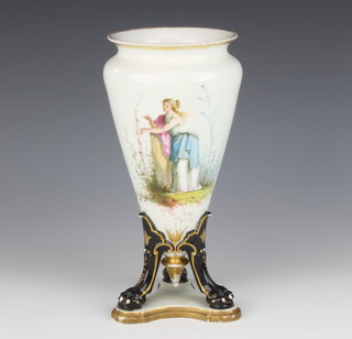 A Victorian Continental porcelain vase of waisted form decorated a classical lady standing by an urn raised on 3 out swept supports with triform base, 28.5cm 