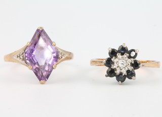 An 18ct yellow gold diamond and sapphire cluster ring size M, a 9ct yellow gold amethyst ditto size O 