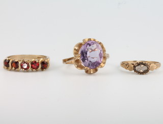 A 9ct yellow gold amethyst dress ring size Q, 2 others size J 1/2 and N 